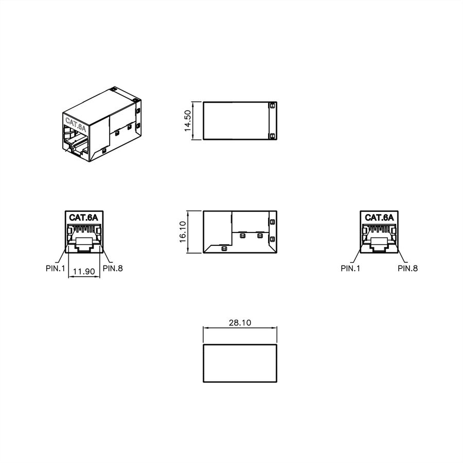 ROLINE RJ-45 Mini Inline Coupler, Cat.6A (Class EA), shielded, silver