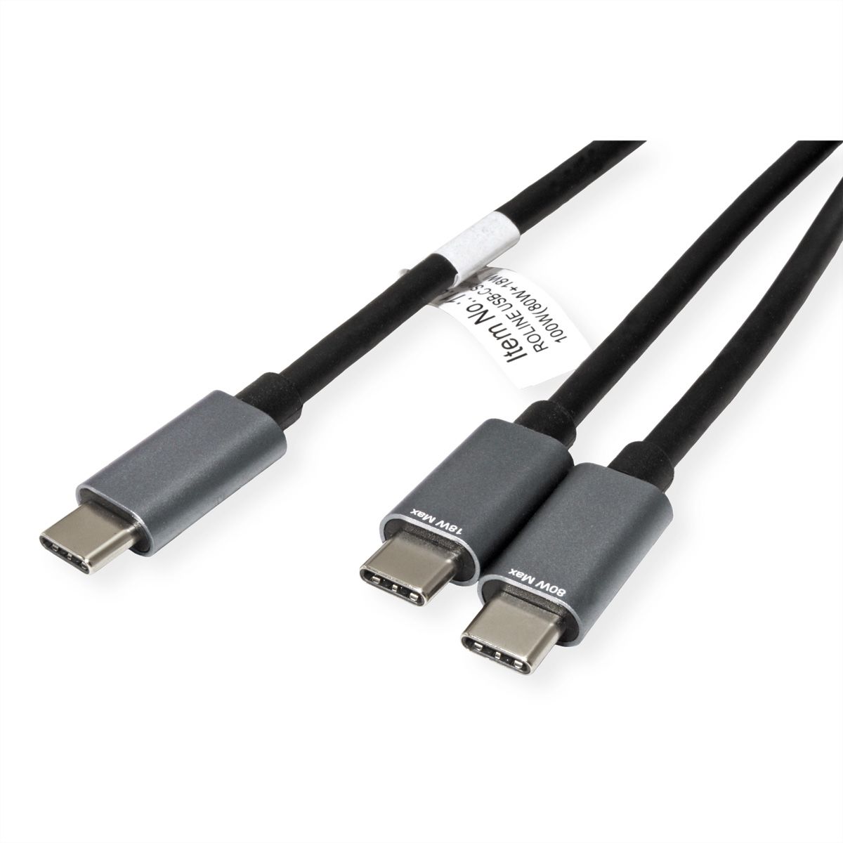ROLINE Y - Splitter Charging Cable, Type C Connectors, USB-C - USB-C, M/M, max. 100W, black, 1.85 m