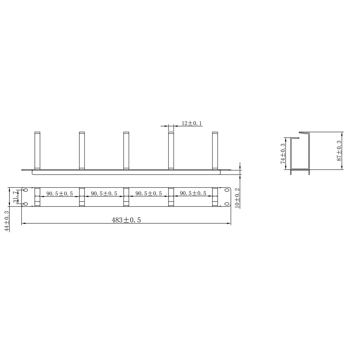 VALUE 19" 1U Cable Management Plate, G-Type, 5 Hooks, grey