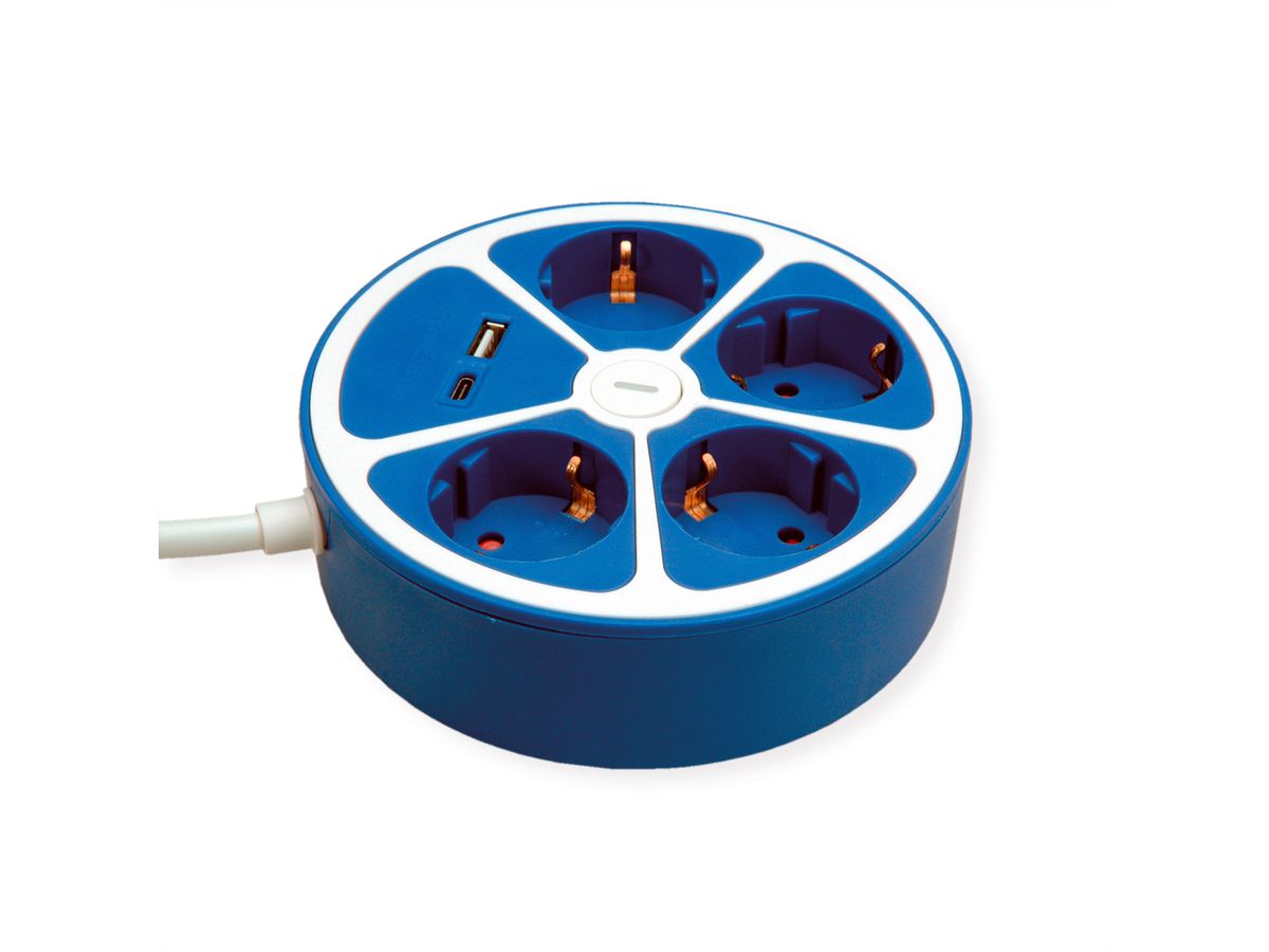 ROLINE Power Strip, 4-way, with switch, round, 1x USB A+ 1x USB C, blue, 3 m