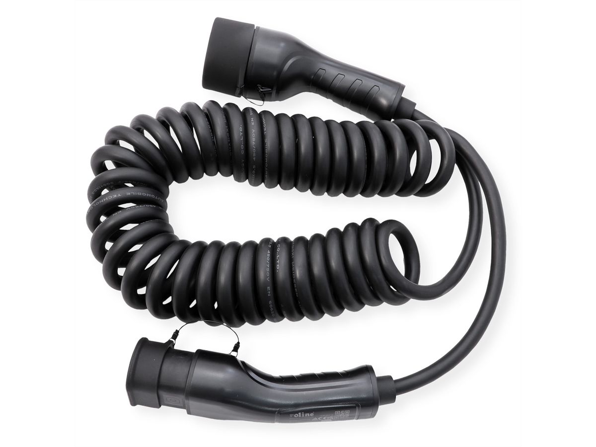ROLINE EV Charging Cable Assembly Type2, 1-Phase, 250VAC (1P+N+E), 32 A, 7.4 kW, spiral, 7.5 m