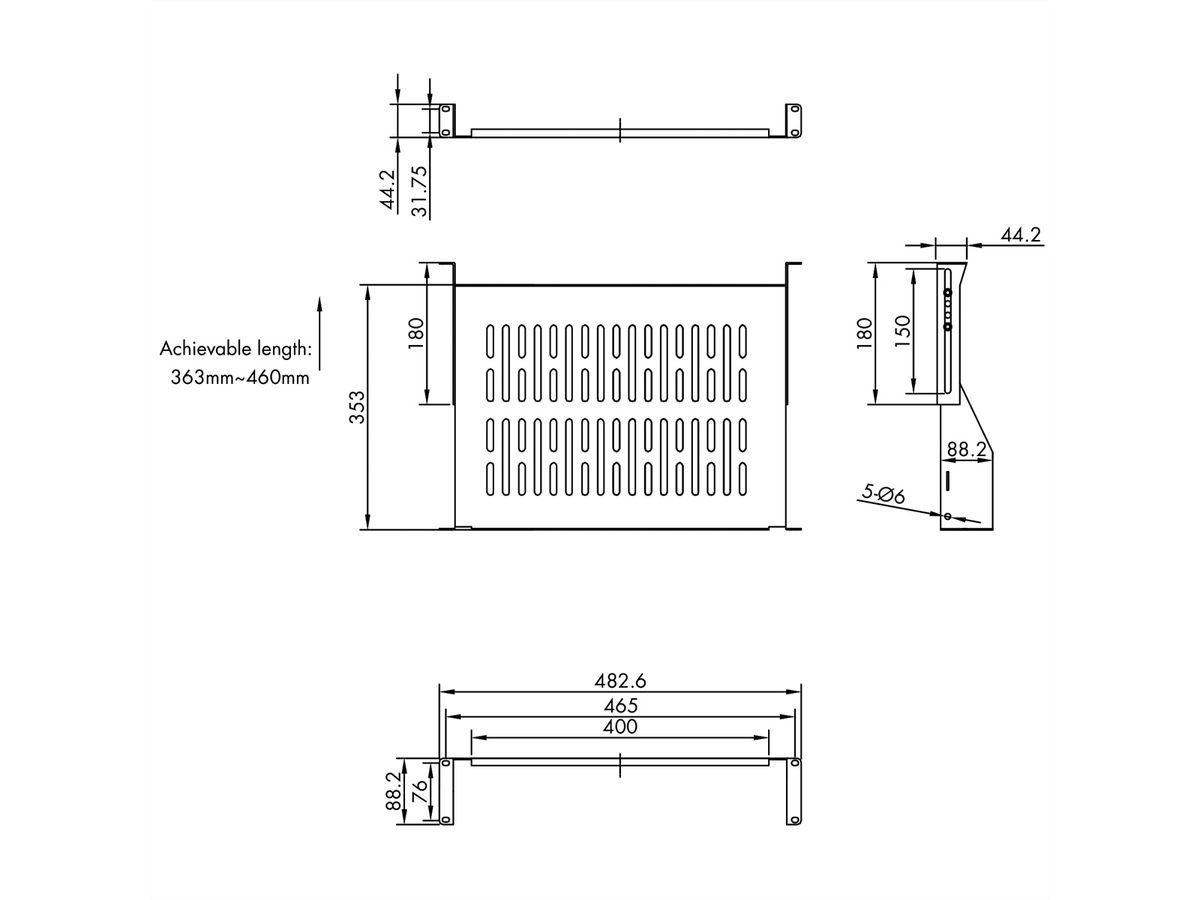 VALUE 19"-Fixed Shelf, 440 x 350mm, max. 25kg, 2U, U-Shape, black