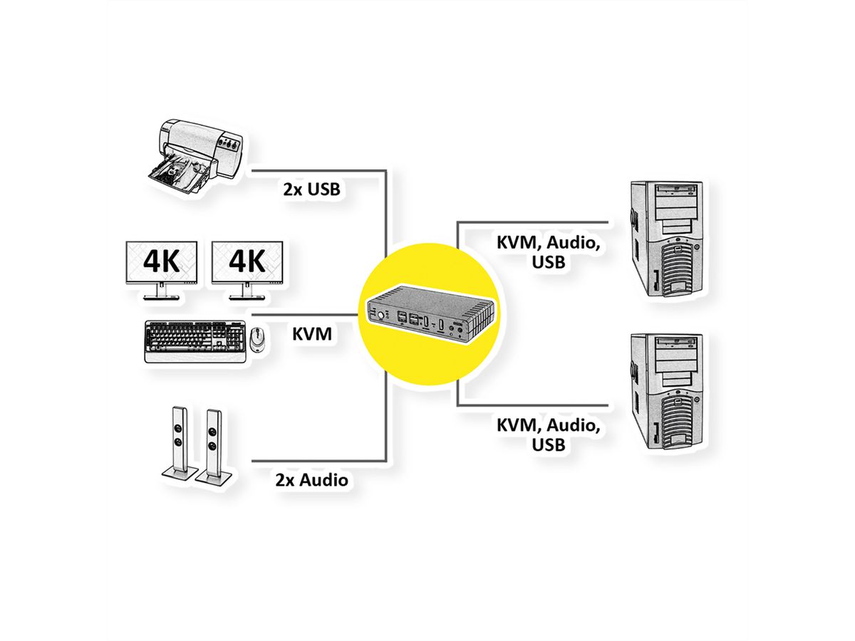 ROLINE Dual-Head 4K@60Hz HDMI KVM Switch, 2 PCs, DP/HDMI, Audio, with 2 Port USB 2.0 Hub