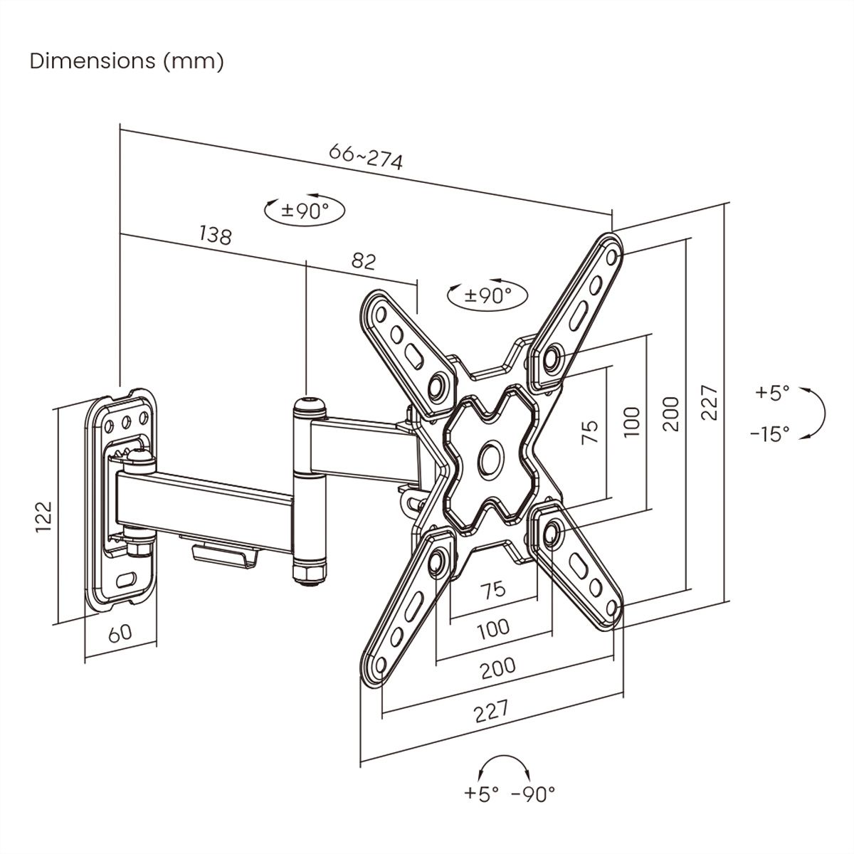 VALUE TV Monitor Arm, Wall Mount, 3 joints, 13–43 inch, max. 20 kg