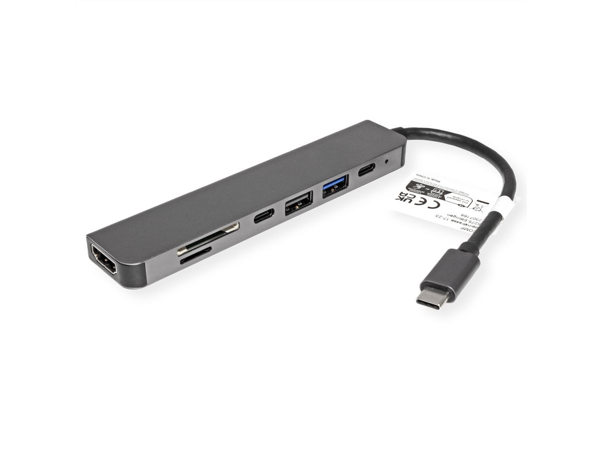 VALUE Dockingstation Type C, 1x 4K60 HDMI, 2x USB 2.0 (A+C) + 1x USB 3.2 Gen1 (A), 1x Type C (Power Delivery), 1x SD/TF