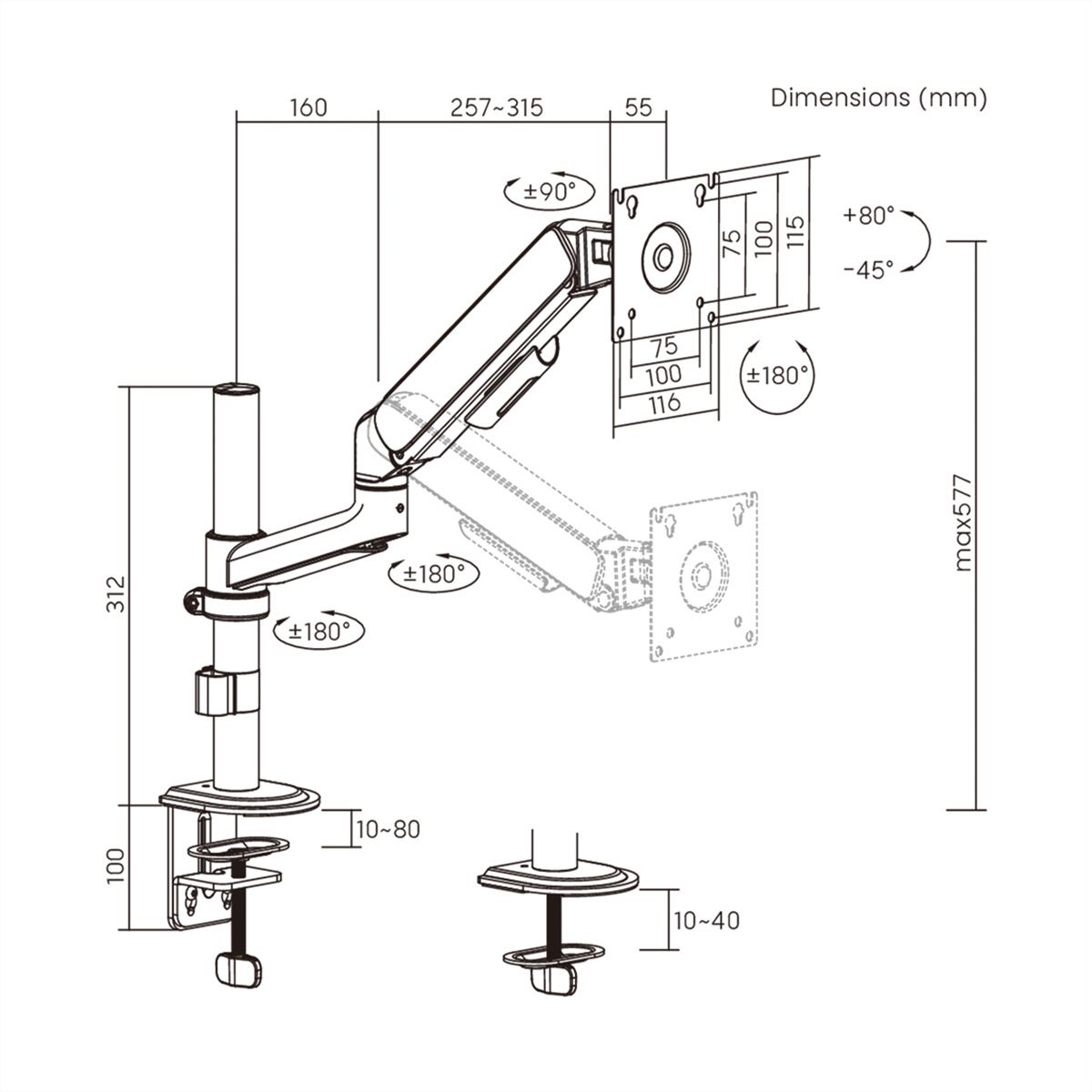 STANDARD Pole-Mounted Monitor Arm, Mechanical Spring, < 10 kg, < 81,3 cm (32"), black