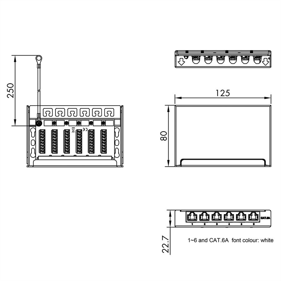 ROLINE Mini Patchpanel, Cat.6A/Cl.EA, 0.5U, 6x RJ45 ports, shielded, black