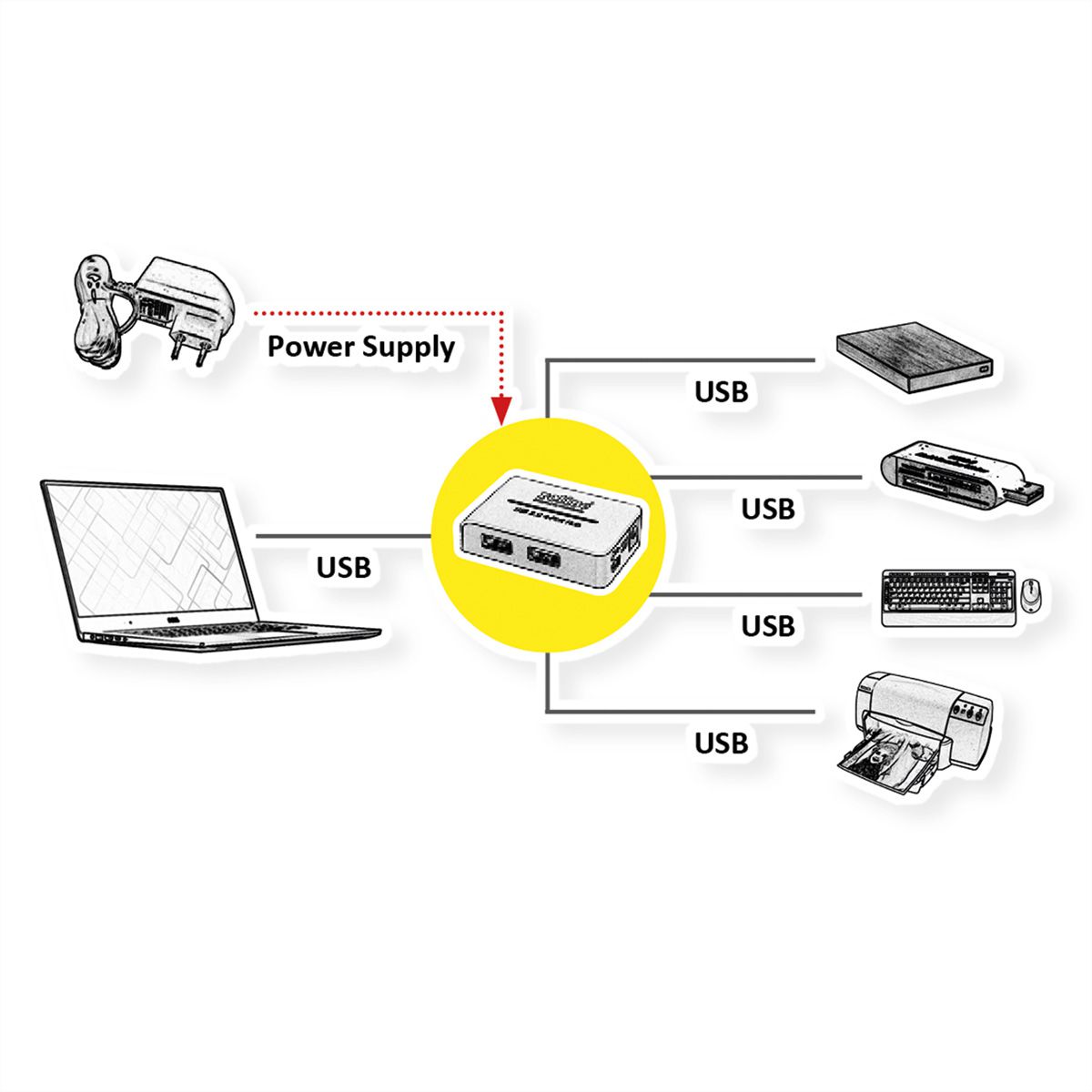 ROLINE USB 2.0 Hub "Black and White", 4 Ports, with Power Supply