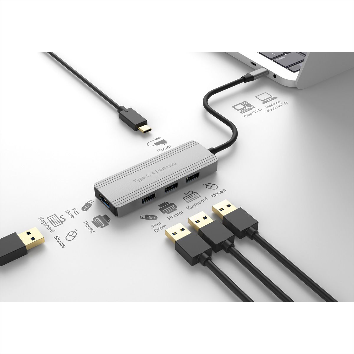 VALUE USB 3.2 Gen 1 Hub, 4 Ports, Type-C Connection Cable