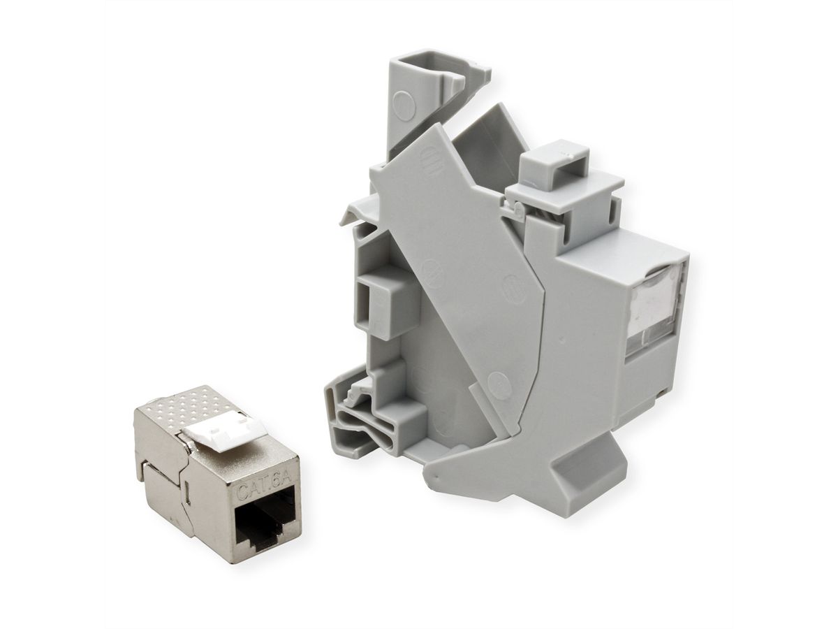 ROLINE Keystone Holder, with Cat.6A Keystone, shielded, DIN-Rail, 45°