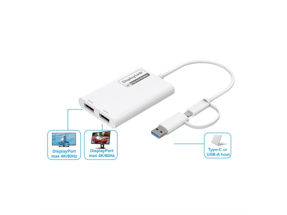 ROLINE USB Type A/C Adapter, 2x DP, with DisplayLink, 4K60