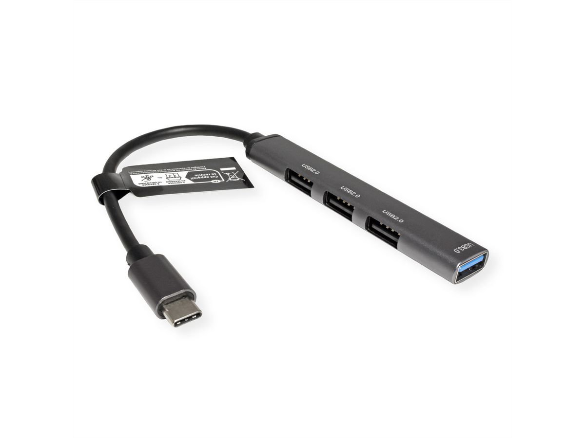 STANDARD USB 2.0 Hub, USB-C connector, 4x USB-A Ports (3x USB 2.0 + 1x USB 3.2 Gen1)