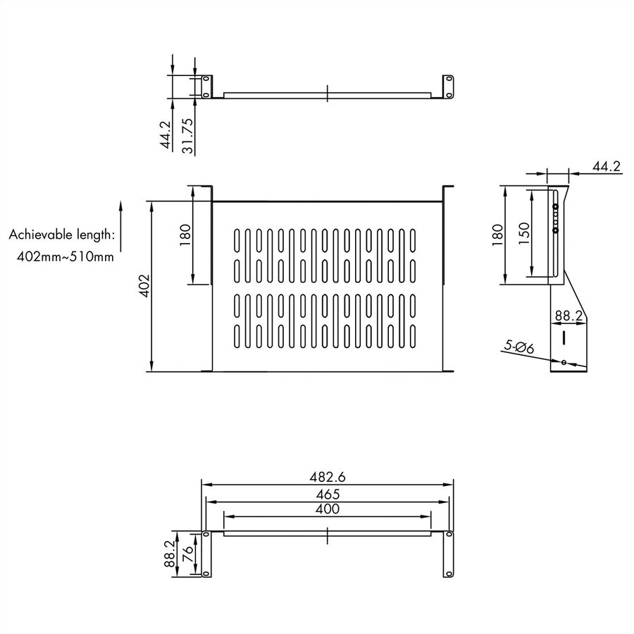 VALUE 19"-Fixed Shelf, 440 x 400mm, max. 25kg, 2U, U-Shape, black