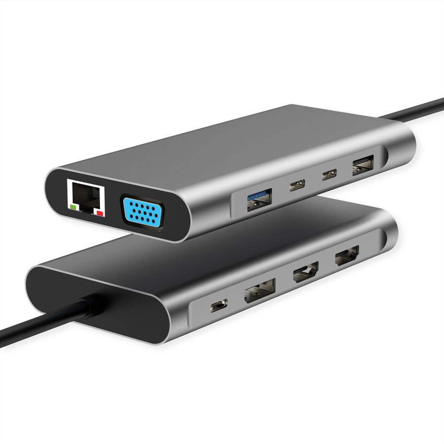 VALUE Dockingstation Type C, 2x 4k HDMI, DP, VGA, Gigabit Ethernet, 2x USB-C, 2x USB-A, PD