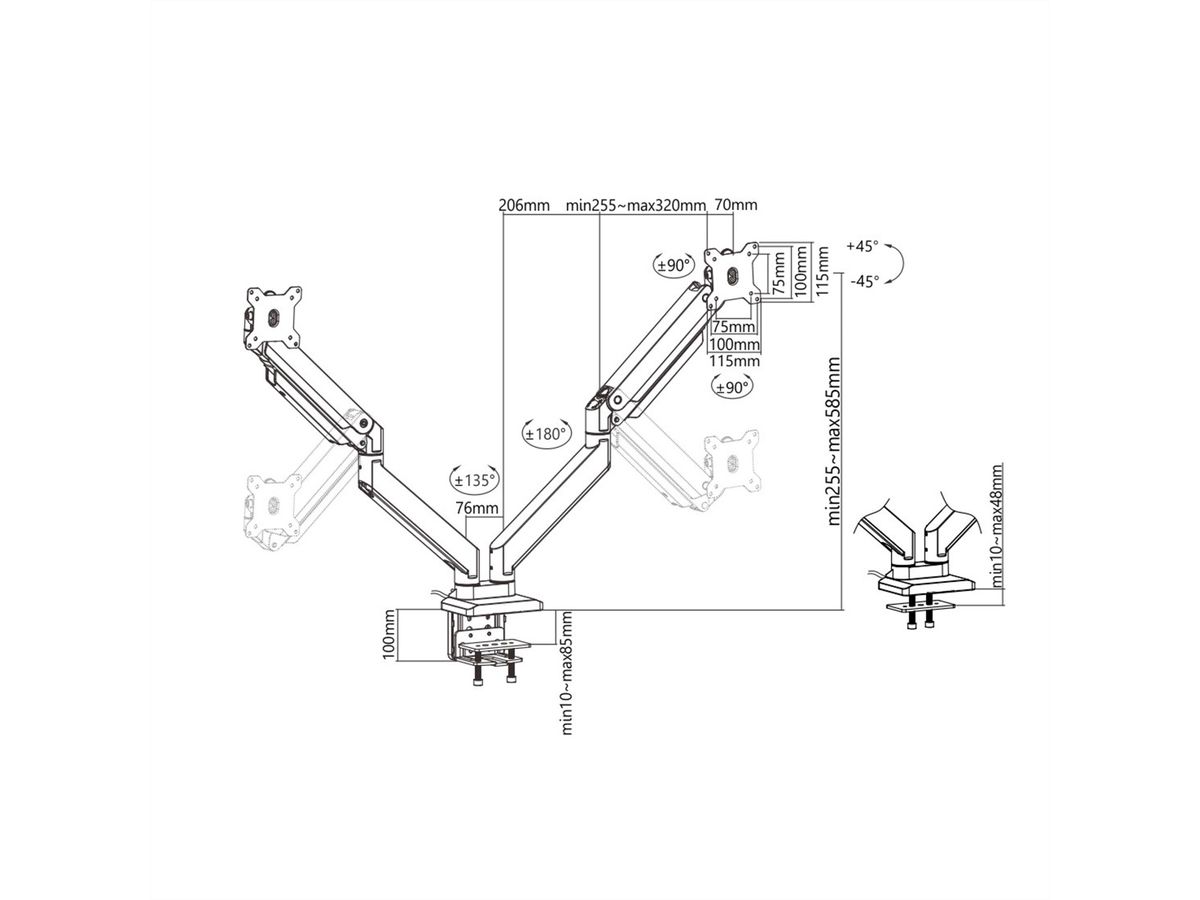 ROLINE Dual LCD Monitor Stand Pneumatic, Desk Clamp, Pivot, max. 15 kg, 5 Joints