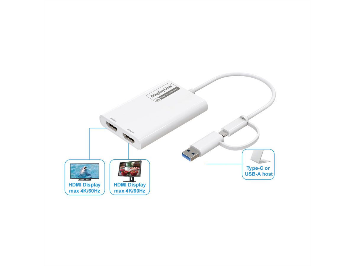 ROLINE USB Type A/C Adapter, 2x HDMI, with DisplayLink, 4K60
