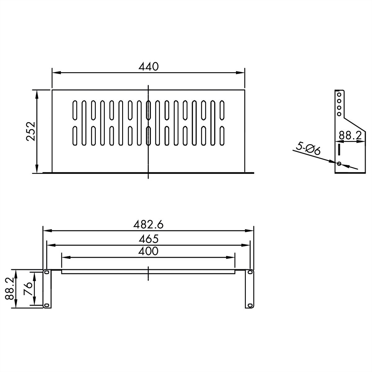 VALUE 19"-Fixed Shelf, 440 x 250mm, max. 15kg, 2U, U-Shape, black