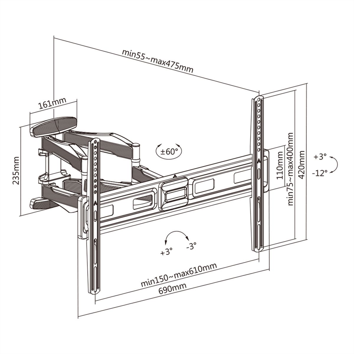 VALUE Solid Articulating Wall Mount TV Holder, 37–80 inch, max. 45 kg