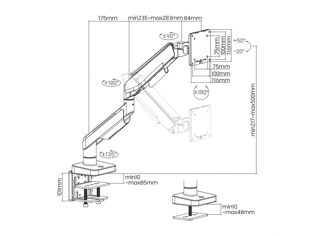 ROLINE Single LCD Monitor Stand, Gas Spring, Desk Clamp, < 124 cm (49"), Heavy Duty <= 20 kg, 5 Joints