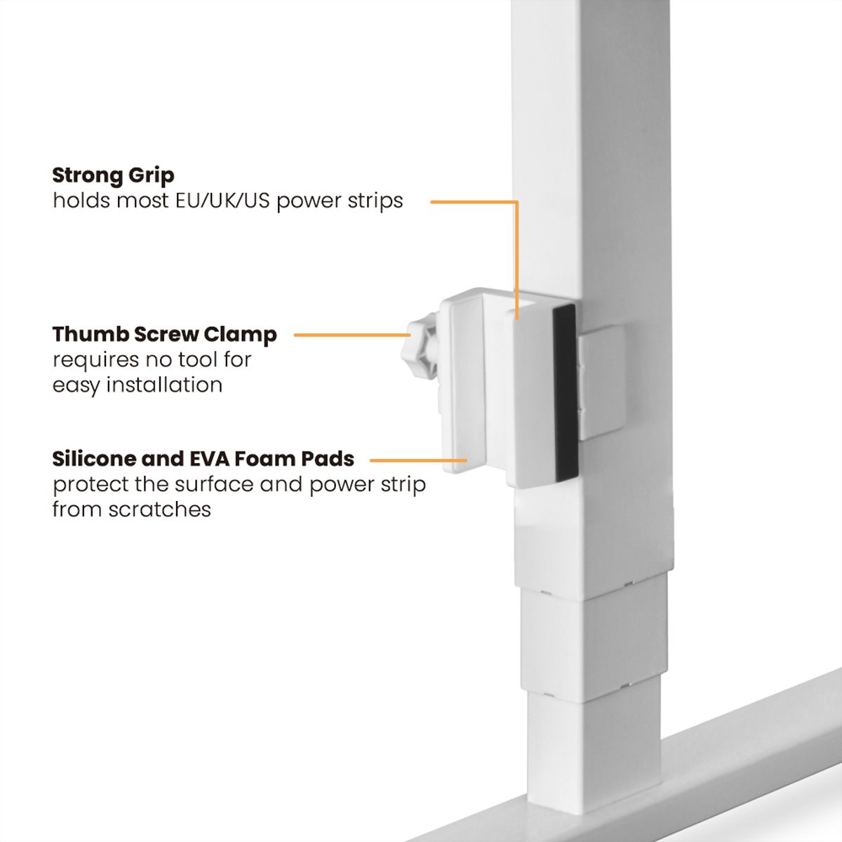 VALUE Clamp-On Power Strip Holder, Desk Leg Mount, white