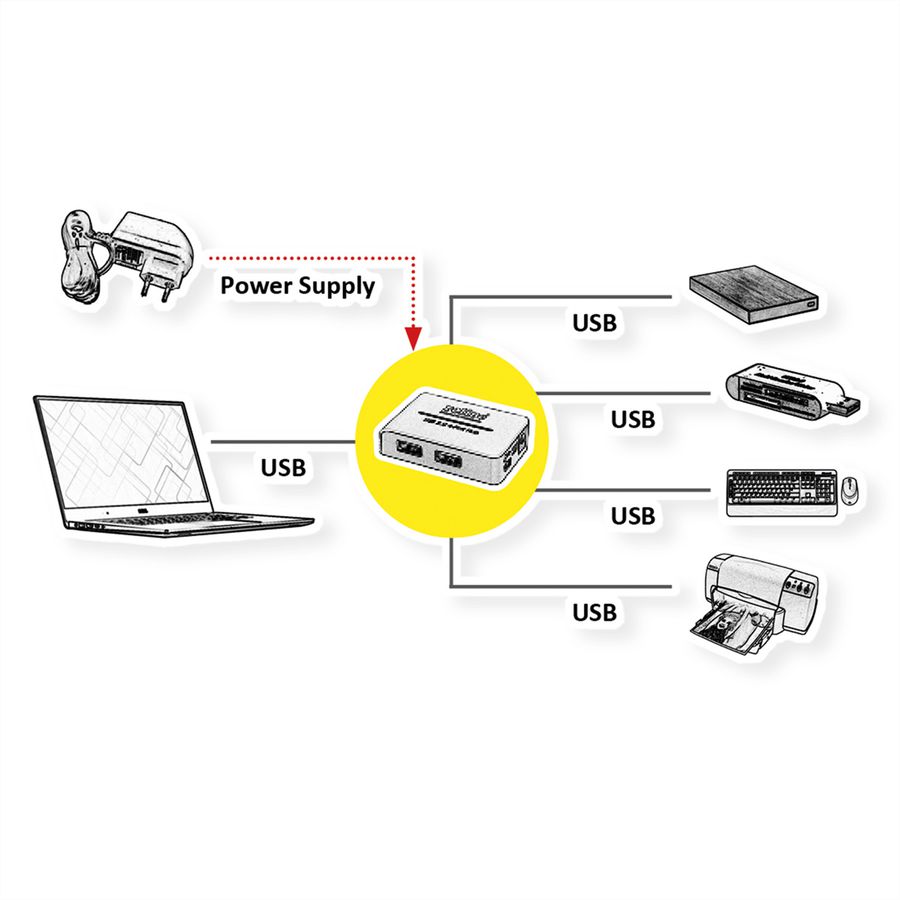 ROLINE USB 2.0 Hub "Black and White", 4 Ports, with Power Supply