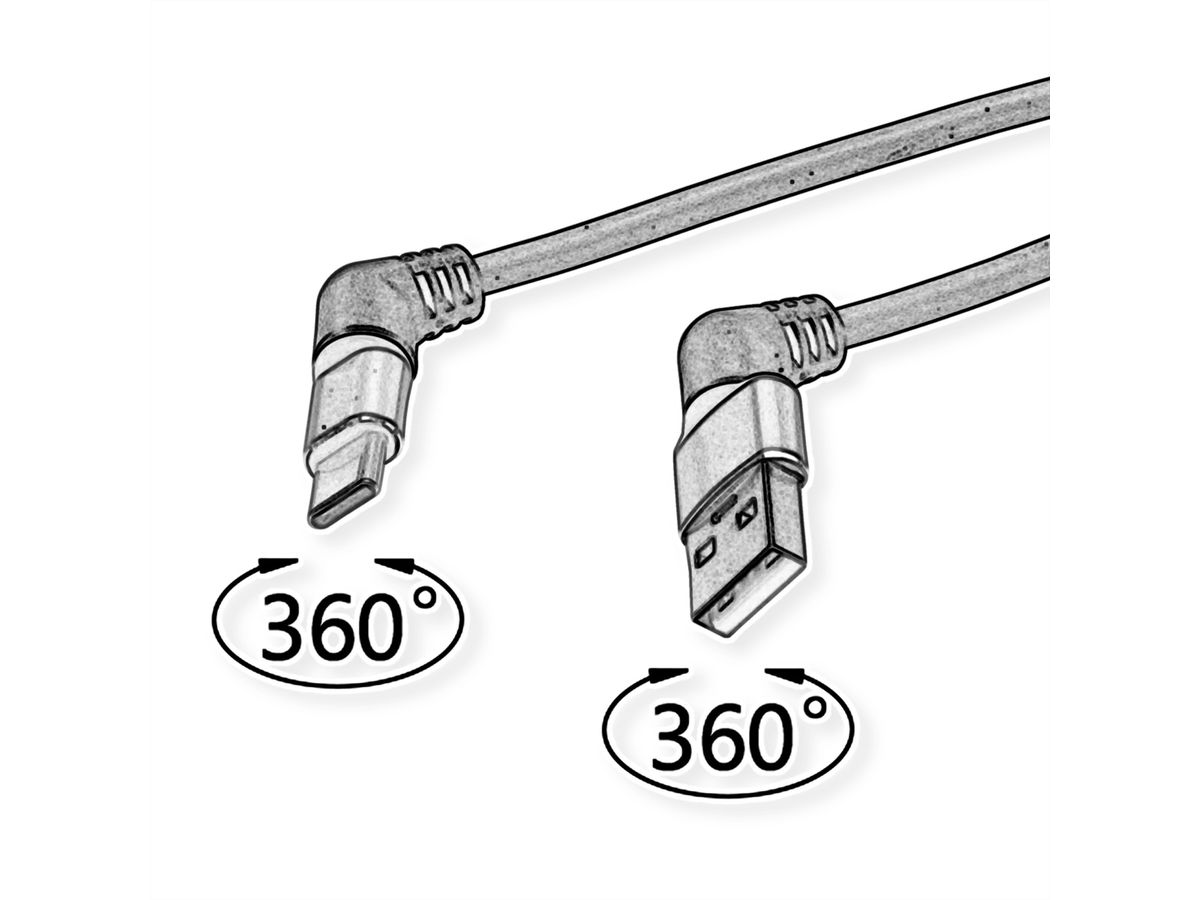 ROLINE 360° Rotation USB 2.0 Cable, C - A, M/M, 60W, Red Black, 2 m