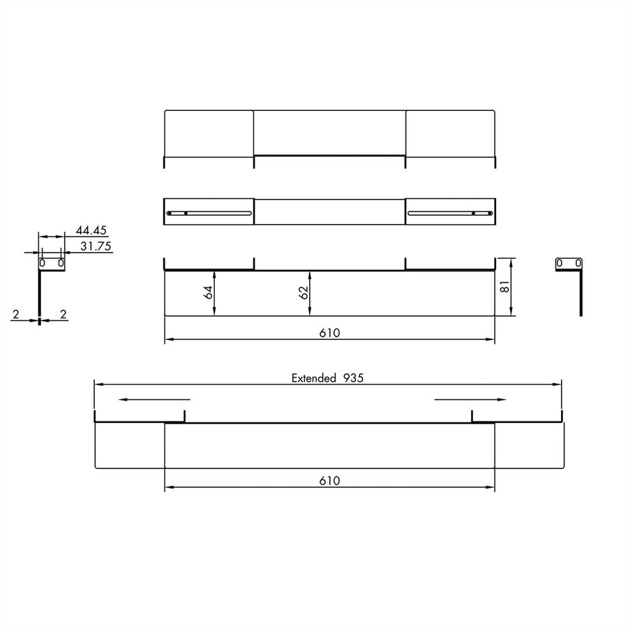 Slide Rails 1 Pair, variable depth 610-935mm, black