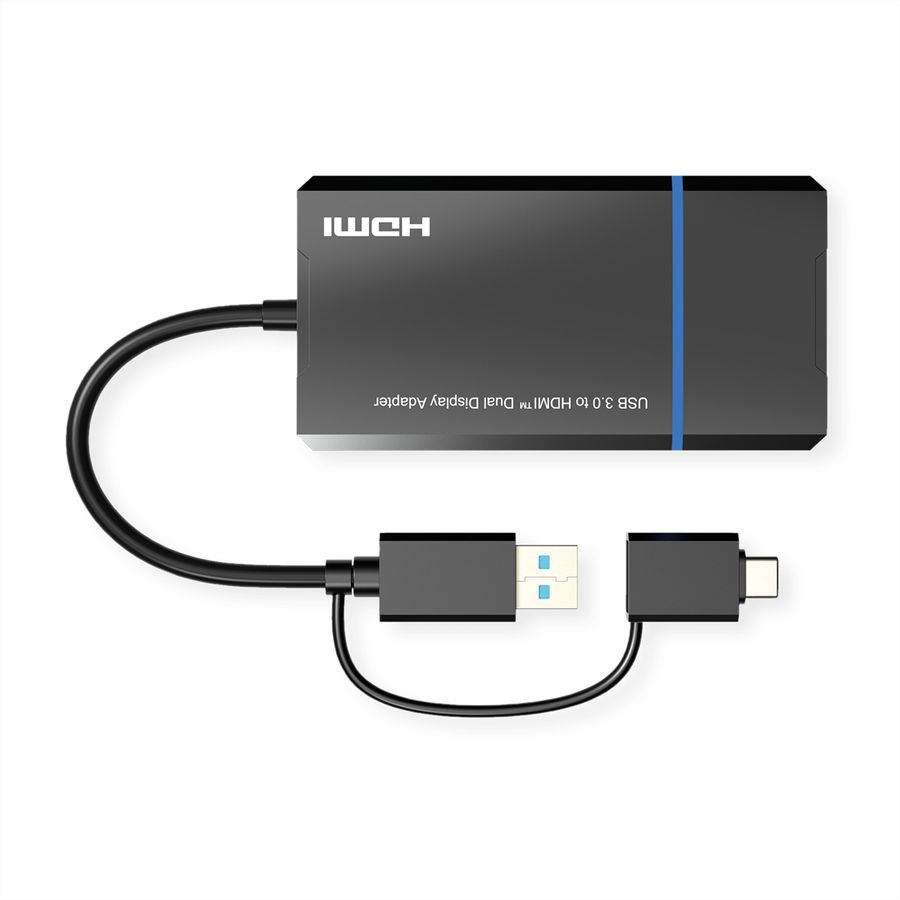 VALUE USB 3.2 Gen 1 (USB-A or USB-C) to 2x HDMI Adapter, 4K@30Hz + 1080P@60Hz