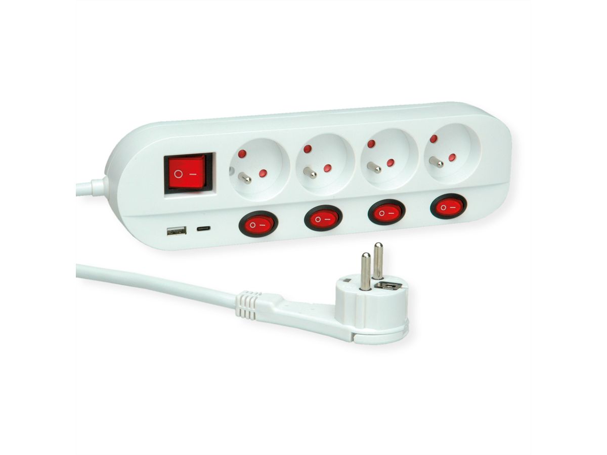 ROLINE Power Strip, 4-way, UTE, with individual on/off switches, 1x USB A, 1x USB C, 3 m
