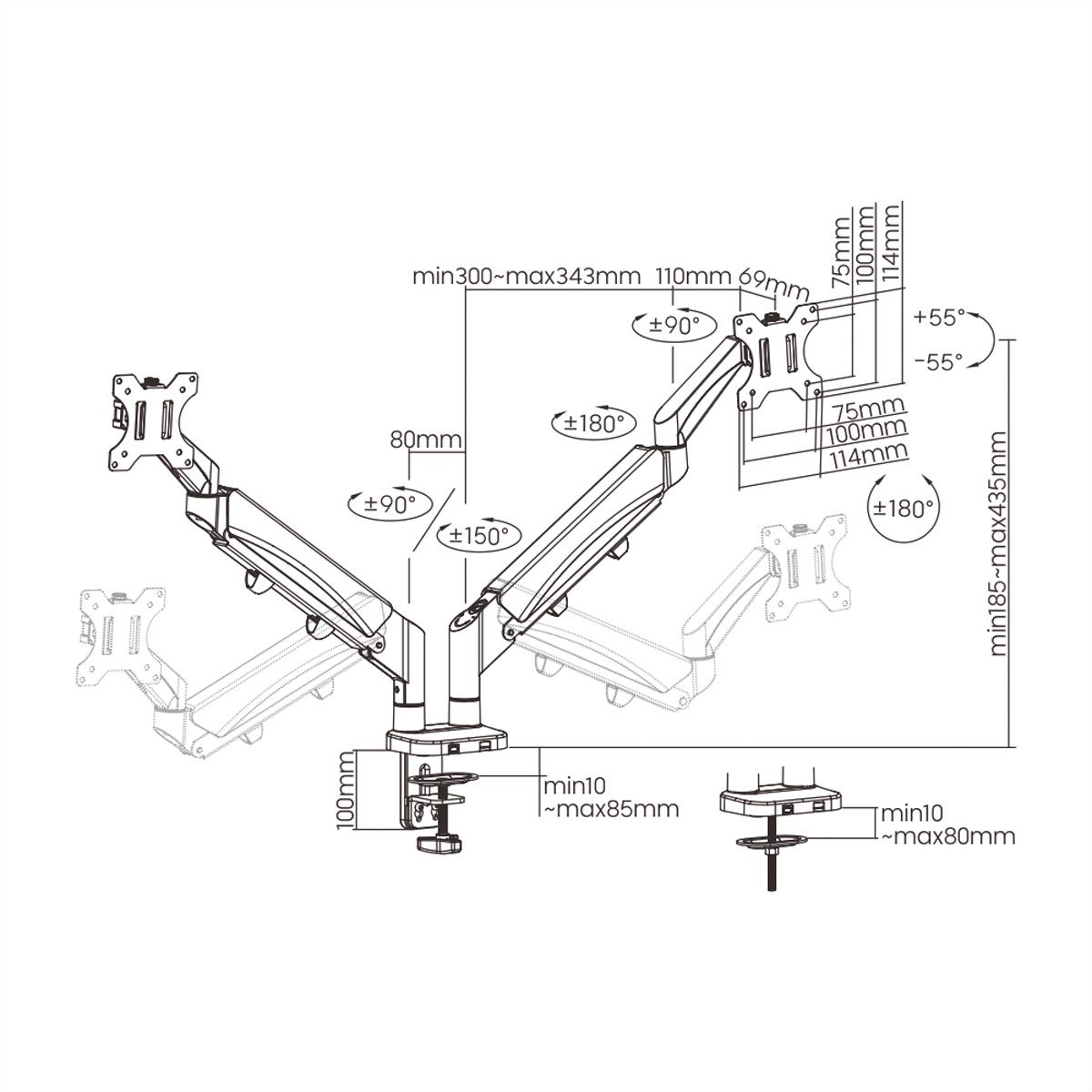 VALUE Dual LCD Monitor Arm, Desk Clamp, 5 Joints, Space Saving