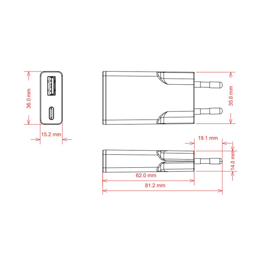 VALUE USB Wall Charger, EU Plug, 2x Ports (A+C), 30W