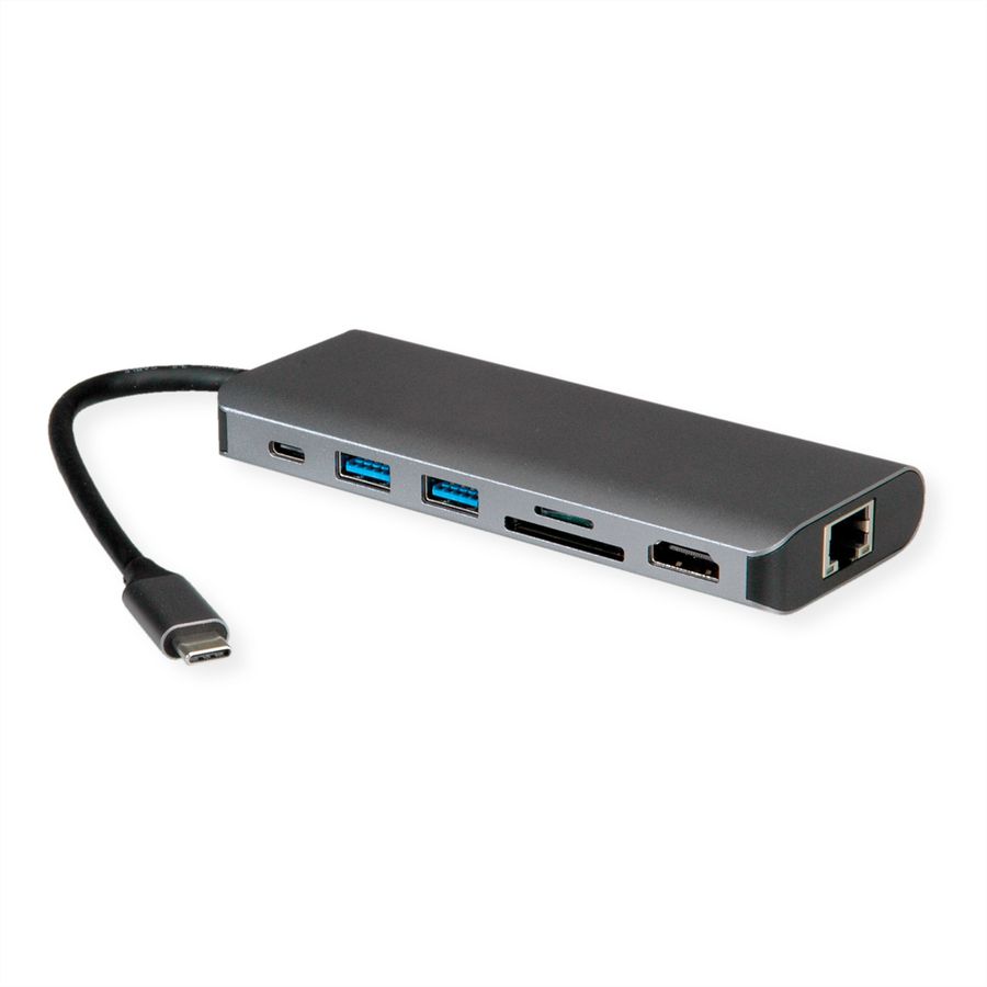 ROLINE USB 3.2 Gen 2 Typ C Multiport Docking Station, 8K30 HDMI, 2x USB 3.2 Gen 1, 1x SD/Micro SD Card Reader, 1x USB Type C PD (Power Delivery), 1x Gigabit Ethernet
