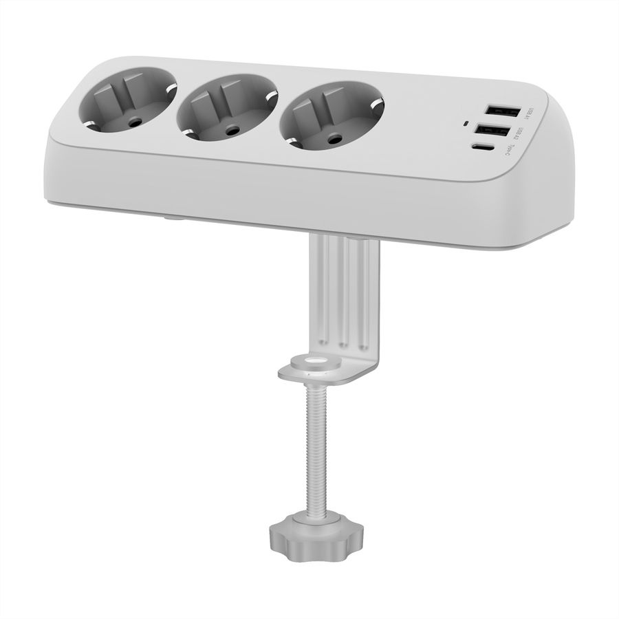 VALUE Power Strip, 3-way, with 3x USB (1x C + 2x A) and table clamp, 1.5 m