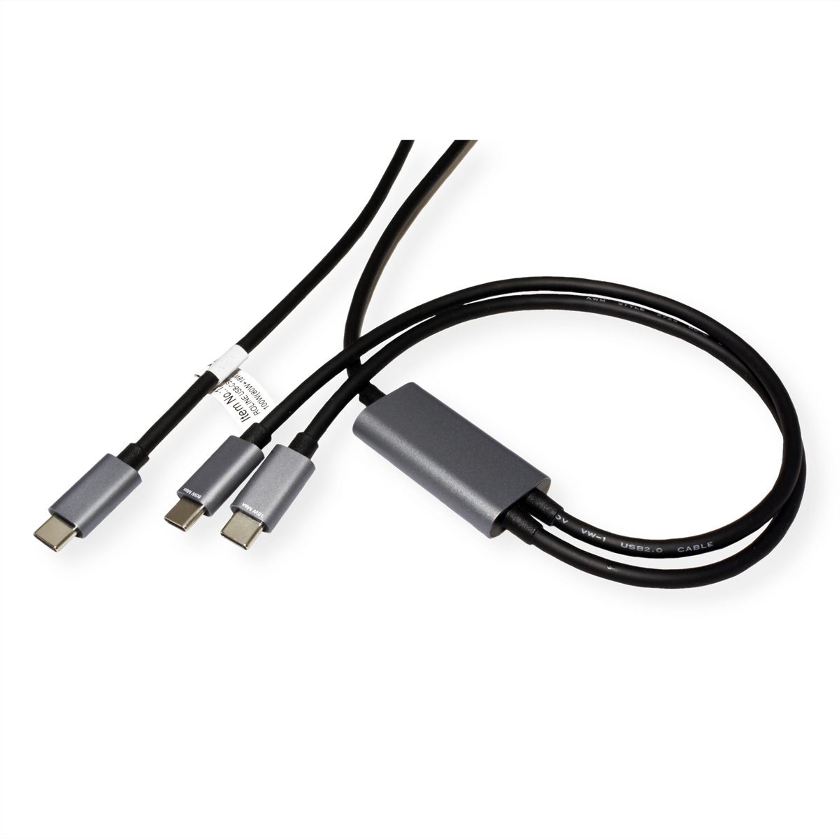 ROLINE Y - Splitter Charging Cable, Type C Connectors, USB-C - USB-C, M/M, max. 100W, black, 1.85 m