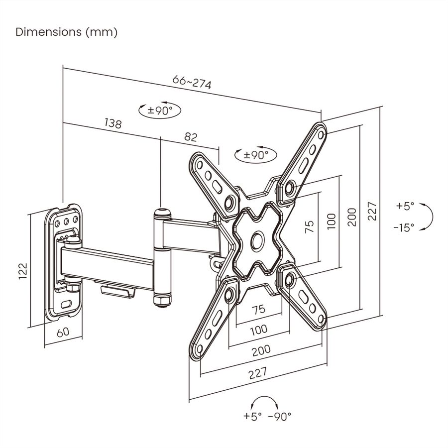 VALUE TV Monitor Arm, Wall Mount, 3 joints, 13–43 inch, max. 20 kg
