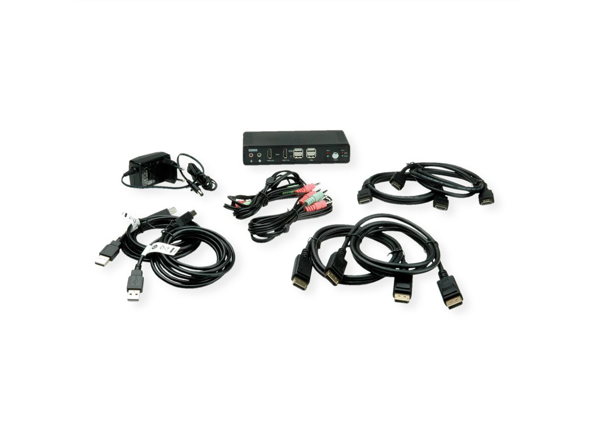 ROLINE Dual-Head 4K@60Hz HDMI KVM Switch, 2 PCs, DP/HDMI, Audio, with 2 Port USB 2.0 Hub