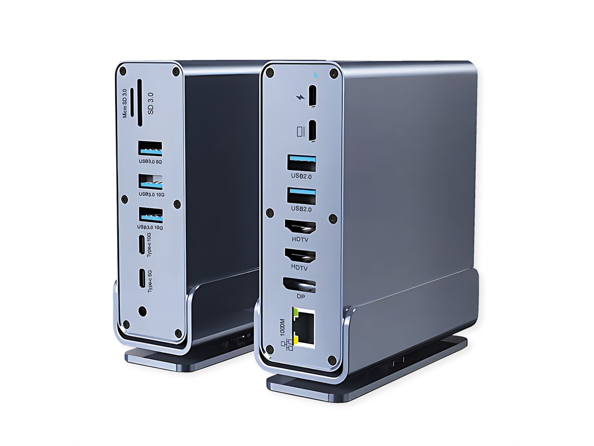 VALUE Dockingstation Type C, 2x HDMI 4K60, 1x DP 4K60, 1x Gigabit Ethernet, 5x USB A, 2x USB C, 1x Type C PD, 1x SD/microSD, 1x Audio