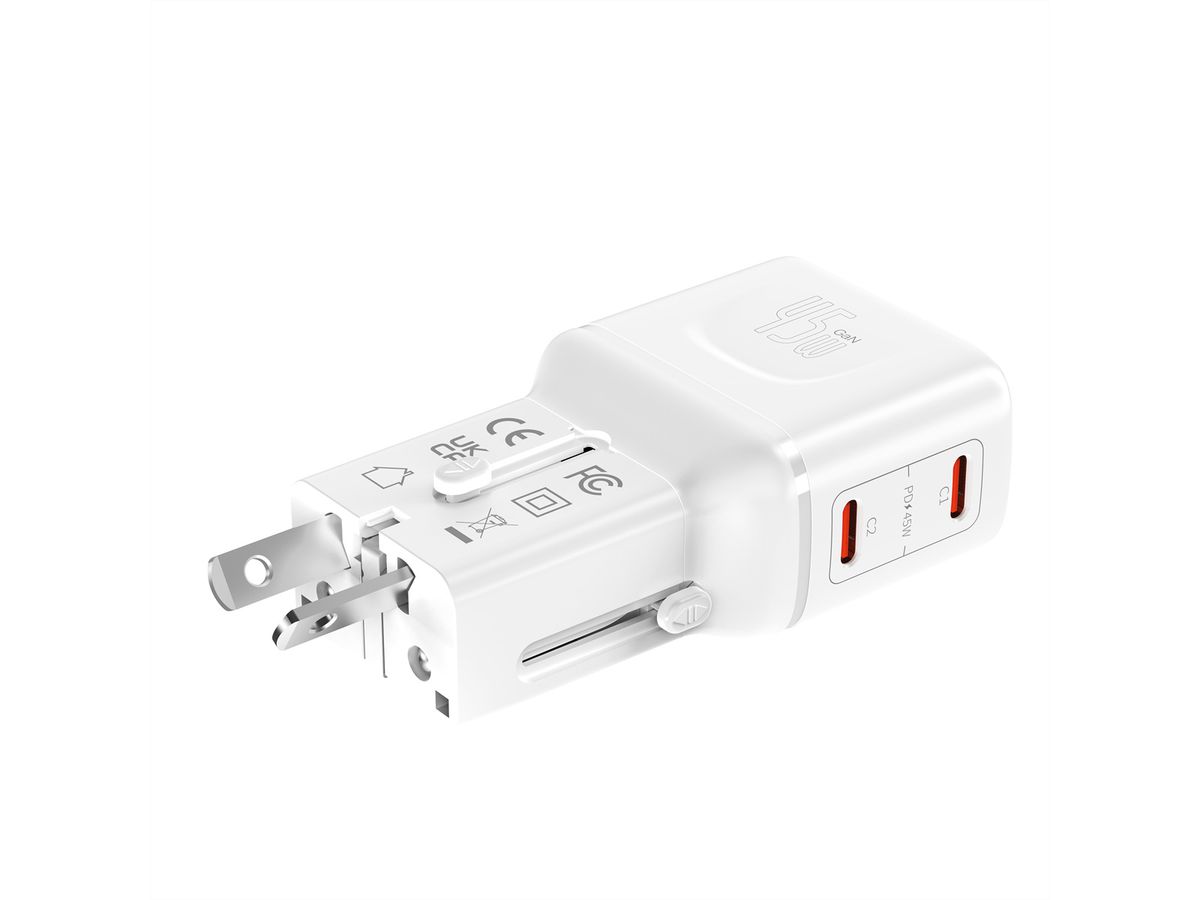 VALUE POCKET Travel Charger, EU/UK/US, 2x Ports USB C, 45W, white