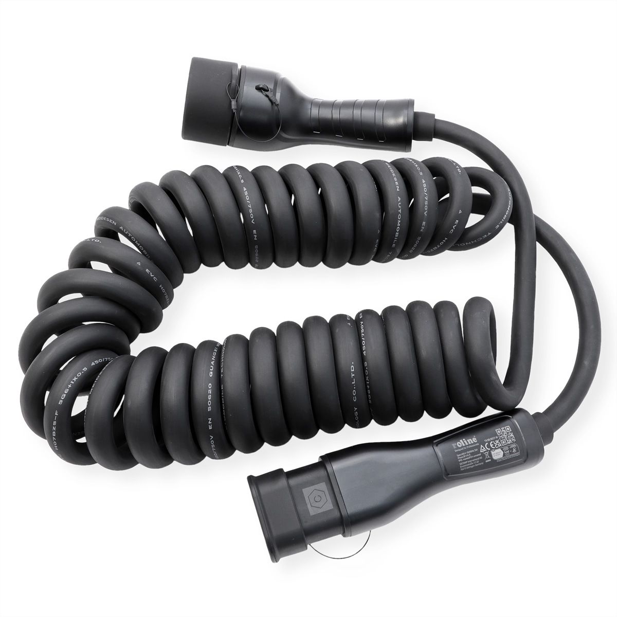 ROLINE EV Charging Cable Assembly Type2, 3-Phase, 480VAC (3P+N+E), 32 A, 22 kW, spiral (max. 5m)