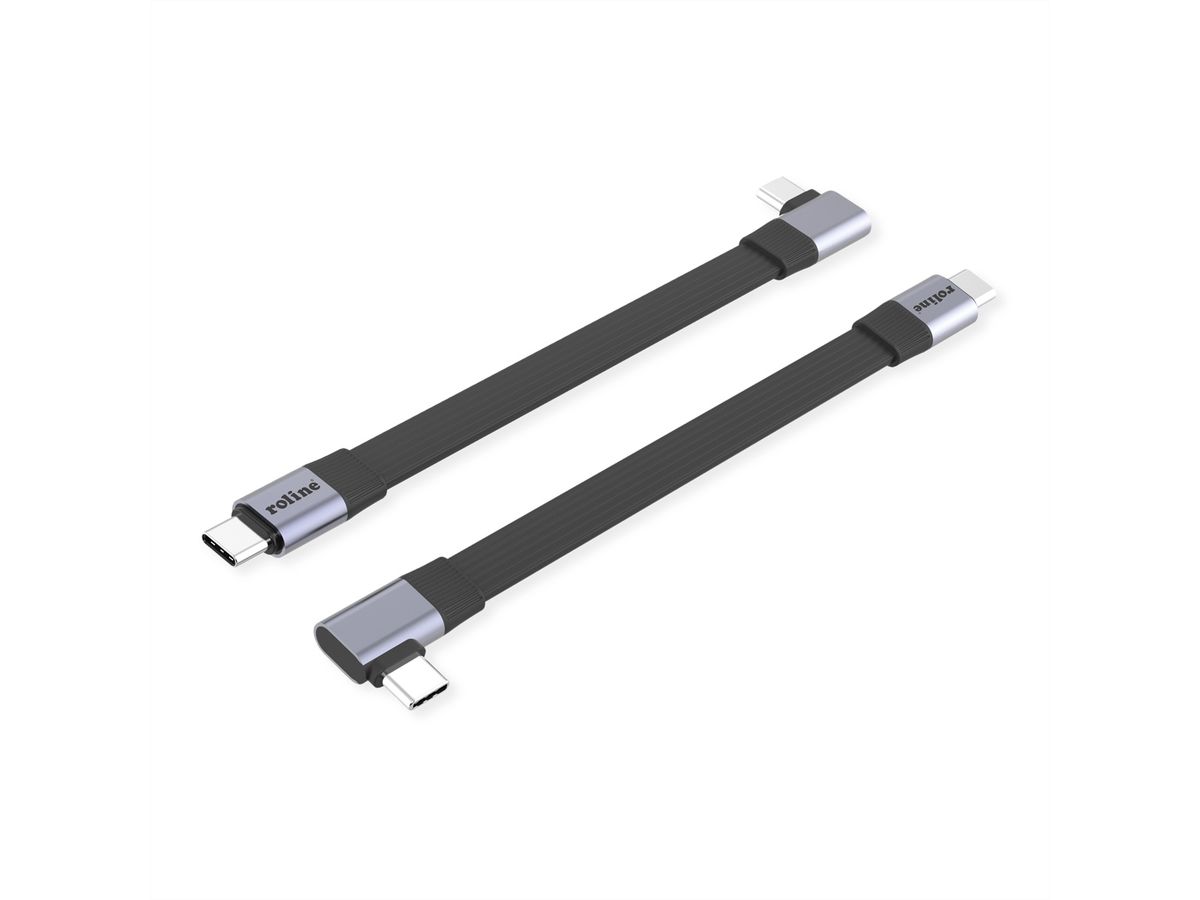 ROLINE Cable USB4 2.0, Flat, Straight-90° Angled, with Emark, C–C, M/M, 8K UHD-2, 80Gbit/s, 240W, black, 0.13 m