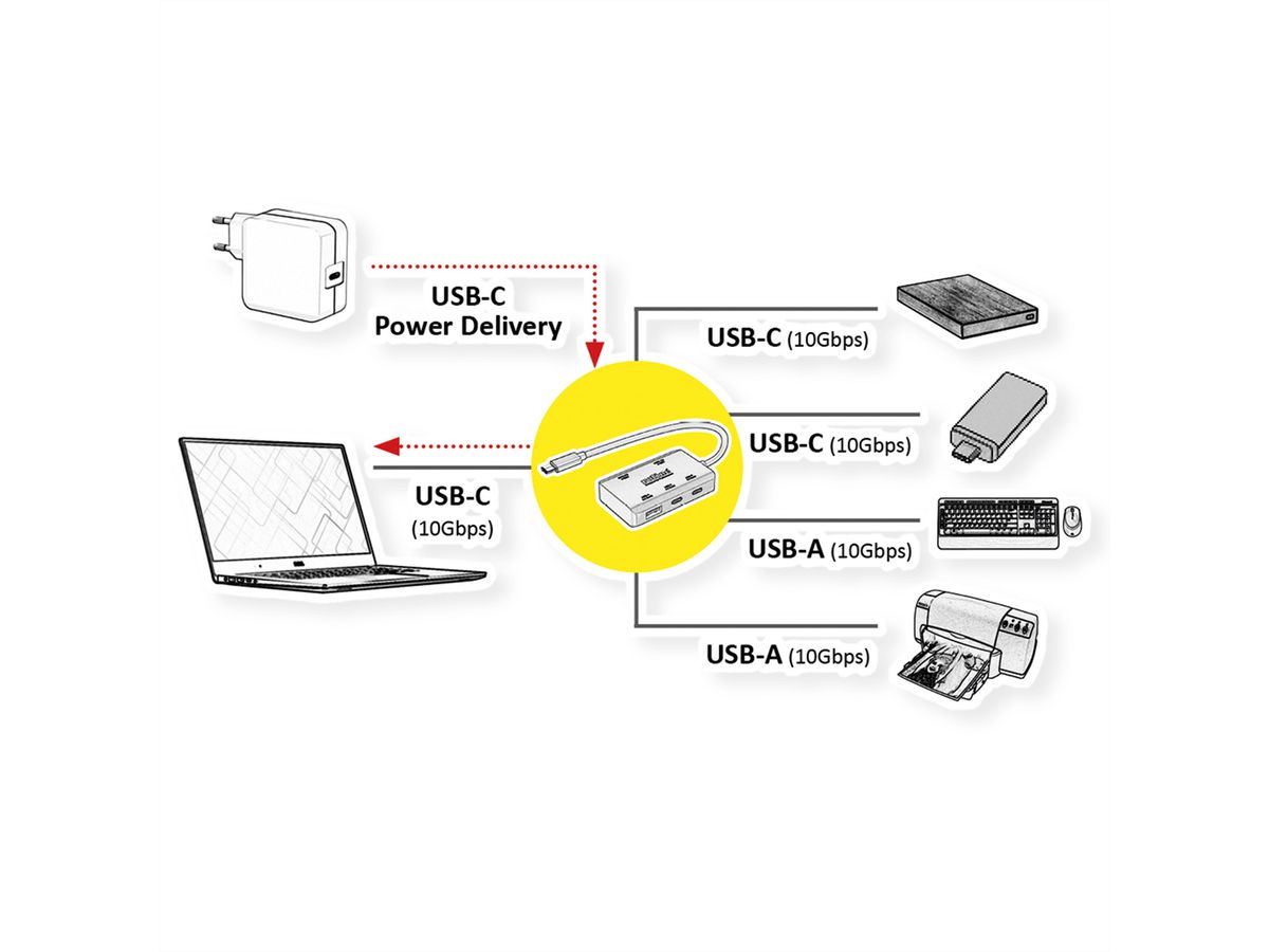 ROLINE USB 3.2 Gen 2 Hub, 4 Ports (2x A + 2x C), PD (100W)