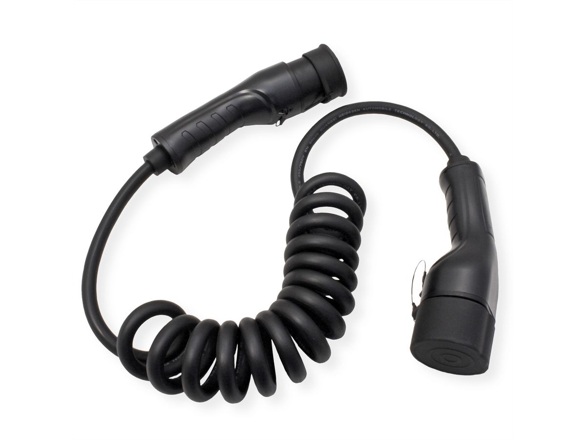 ROLINE EV Charging Cable Assembly Type2, 1-Phase, 250VAC (1P+N+E), 32 A, 7.4 kW, spiral, 3 m