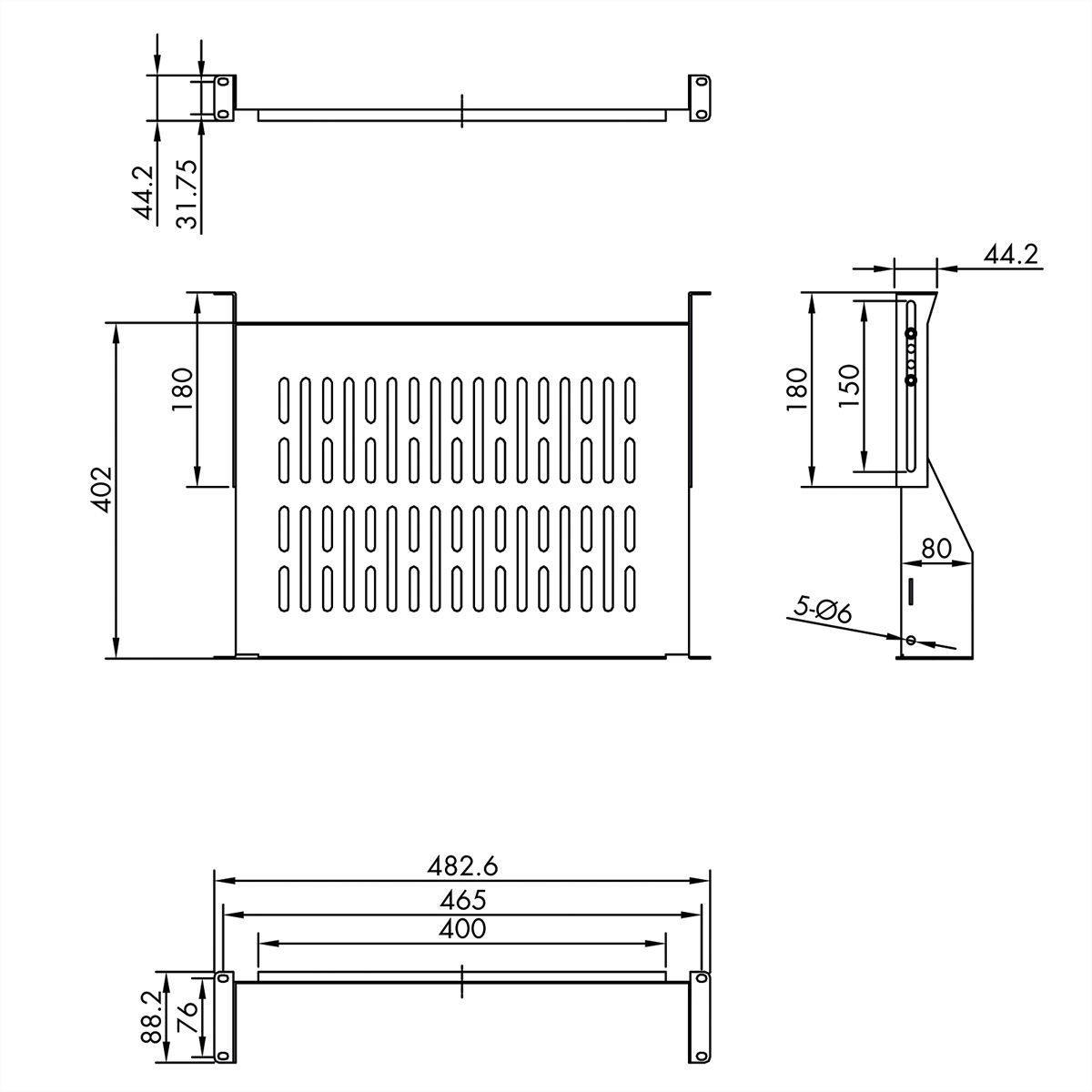 VALUE 19"-Fixed Shelf, 485 x 400mm, 2U, max. 25kg, black