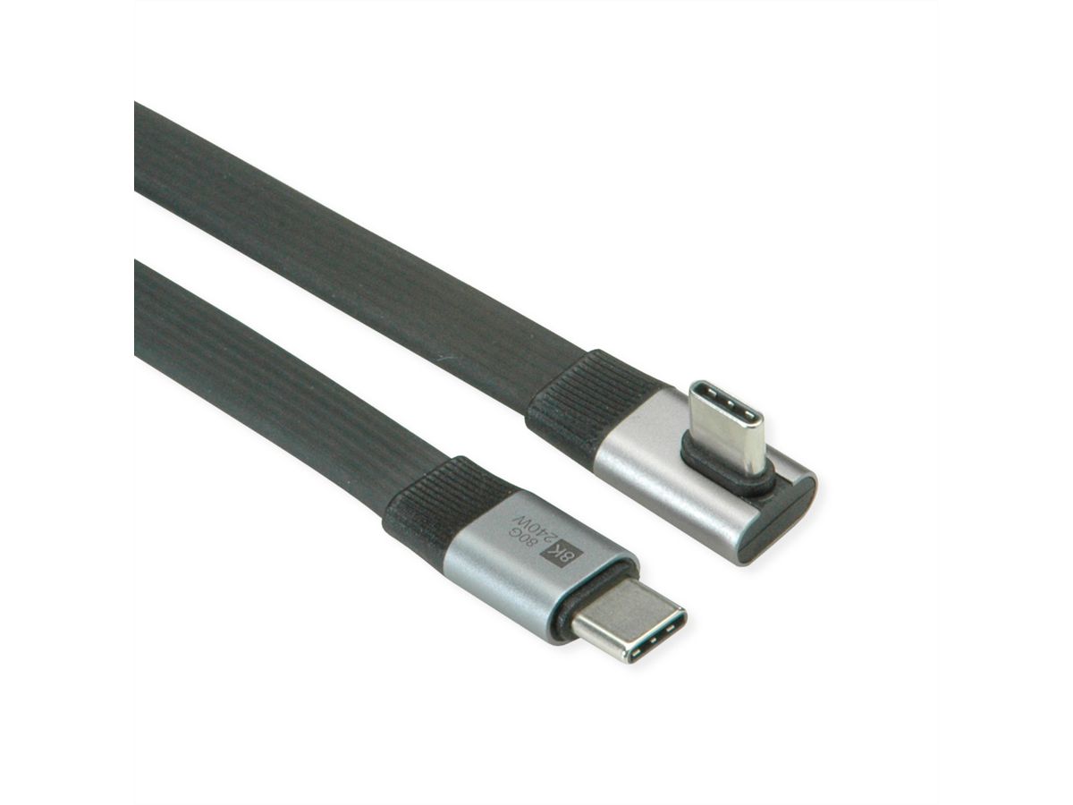 ROLINE Cable USB4 2.0, Flat, Straight-90° Angled, with Emark, C–C, M/M, 8K UHD-2, 80Gbit/s, 240W, black, 0.8 m