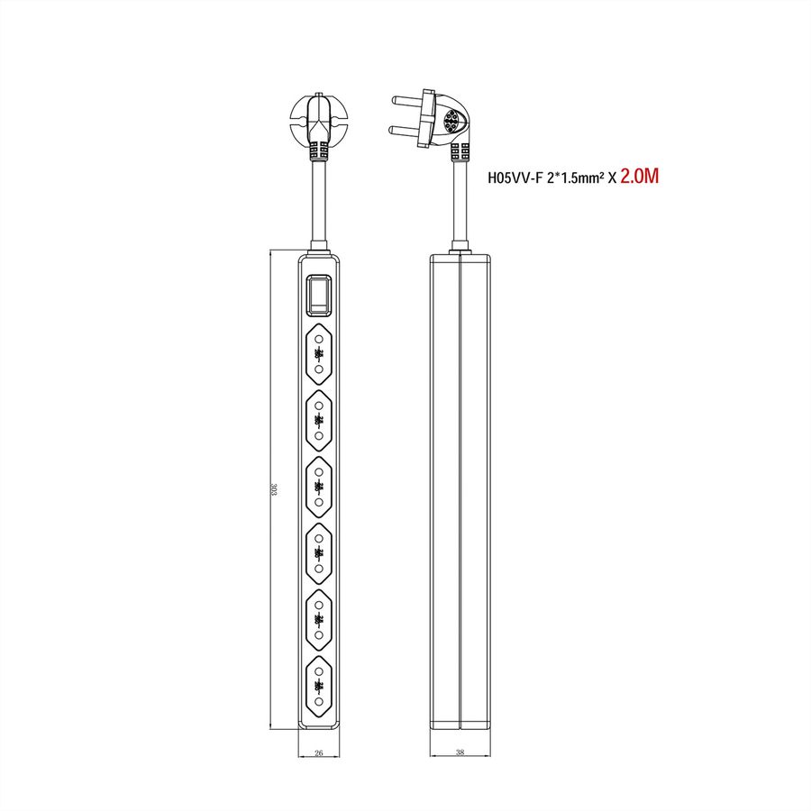 VALUE Power Strip 2-Pin Euro Type, 6-way, with Switch, 1.5 m
