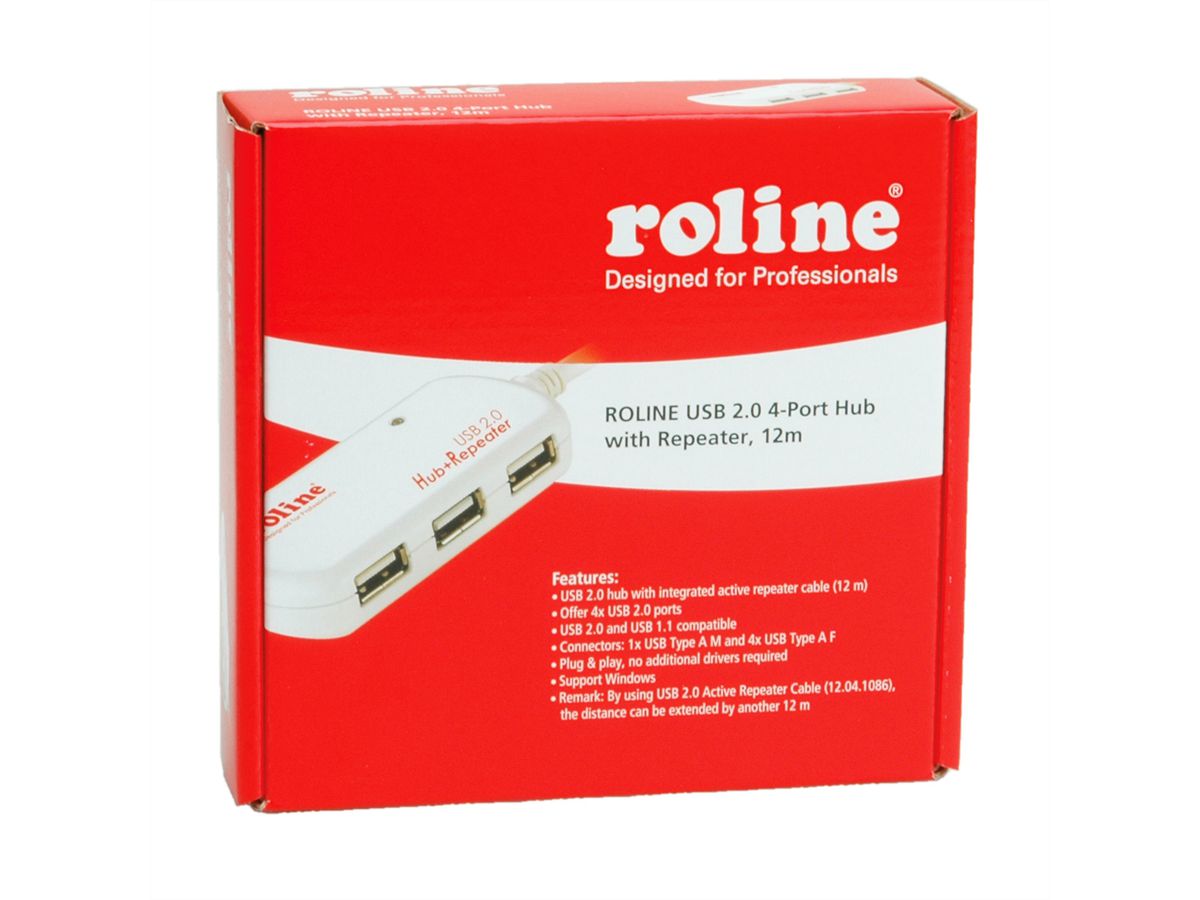 ROLINE USB 2.0 Hub, 4 Ports, with Repeater, 12 m