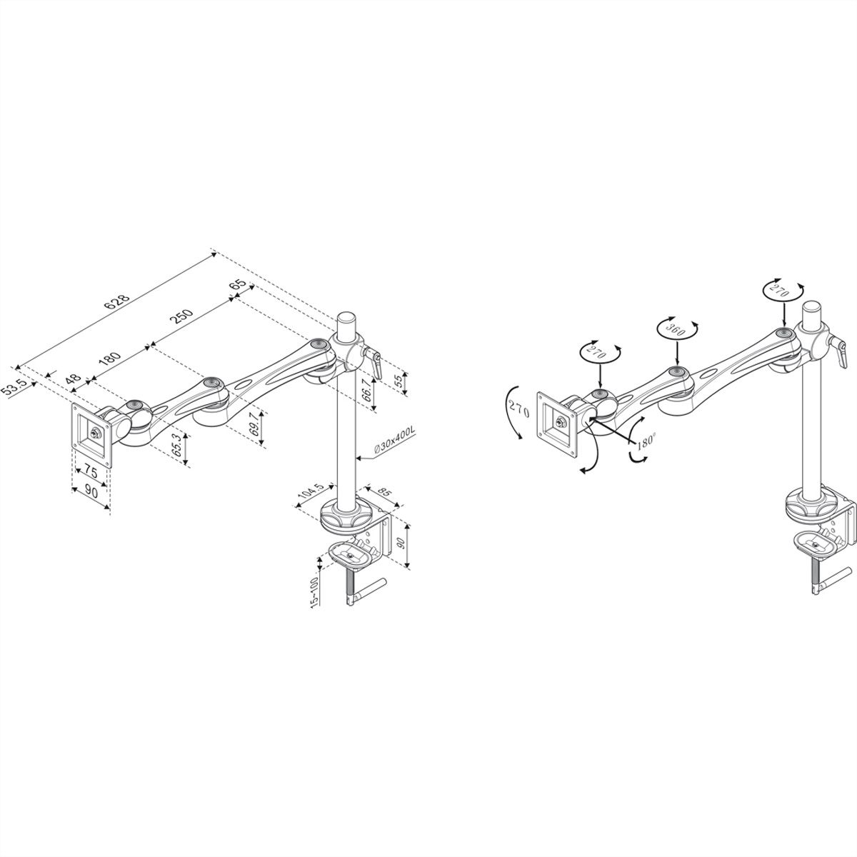 ROLINE Single LCD Monitor Arm, 5 Joints, Desk Clamp