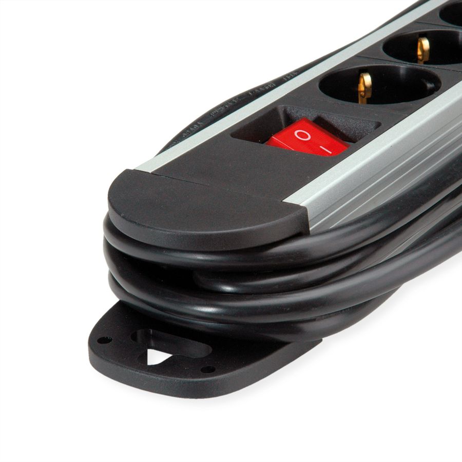 ROLINE Power Strip, 6-way, with Switch, Aluminium Housing, German Type Plug, black / silver, 1.5 m
