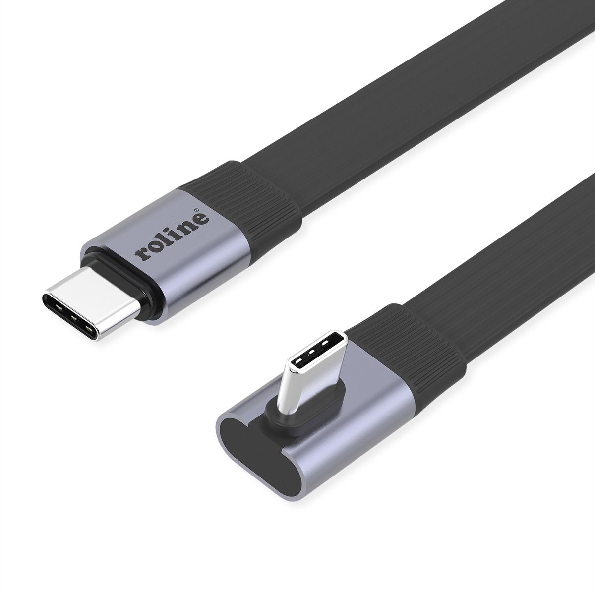 ROLINE Cable USB4 2.0, Flat, Straight-90° Angled, with Emark, C–C, M/M, 8K UHD-2, 80Gbit/s, 240W, black, 0.8 m