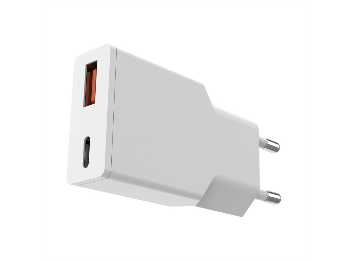 VALUE USB Wall Charger, EU Plug, 2x Ports (A+C), 20W, white